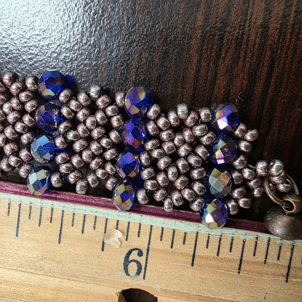 Handmade Beaded Cuff Bracelet Blue Iridescent Crystal Bronze Seed Bead Magnetic
